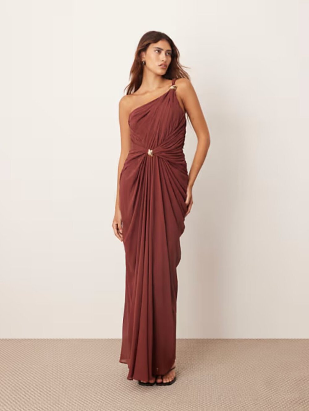 US 12 | ARRANGE one shoulder draped twist maxi with metal detail - Chocolate
